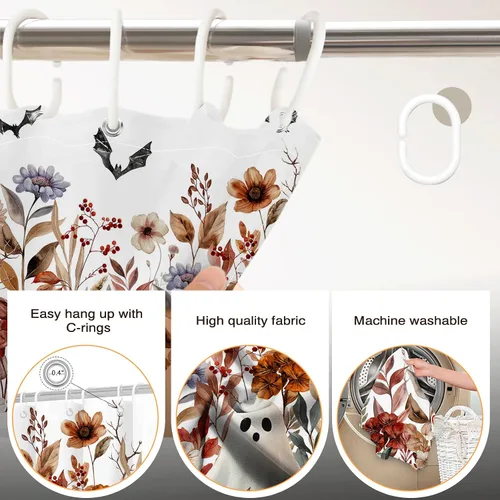 Vista 4 de Lindameler Cortina de ducha de Halloween para baño, cortina de ducha espeluznante con diseño floral de calabaza, fantasma, para decoración