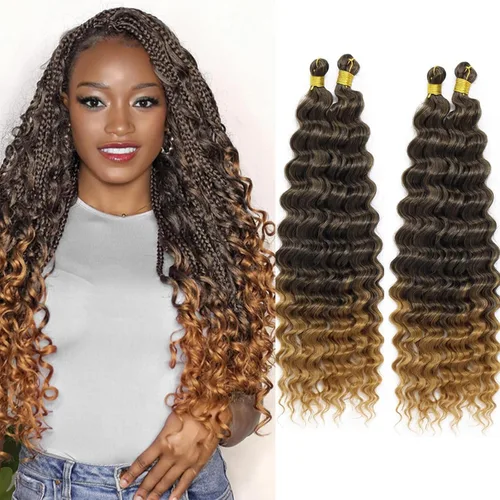 Vista 8 de Mezcla de cabello humano para trenzar, cabello sintético rizado bohemio para trenzar, trenzas bohemias de 16 pulgadas, 4 paquetes de 110g/paquete
