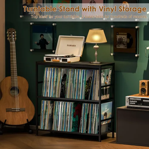 Vista 5 de Sonyabecca 3-Tier Record Player Stand with Adjustable Vinyl Storage, Black Vinyl Record Storage Up to 350 Albums, 4 Adjustable Dividers, Large