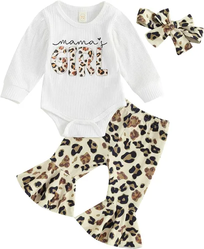 Vista 7 de Conjunto de 3 piezas de ropa para bebé recién nacida, manga larga, estampado de letras, pantalones acampanados, diadema para otoño e invierno B-a