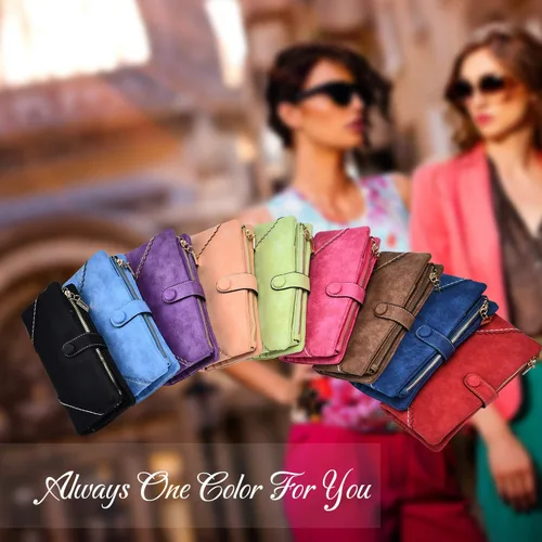 Vista 7 de Cartera de cuero vegano para mujer, bolso de mano plegable de gran capacidad, organizador de tarjetas, con hebilla, bolso largo para niñas