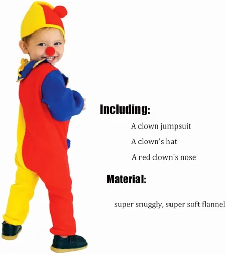 Vista 2 de QIAONIUNIU Halloween Child's Clown Costume Kids Baby Jumpsuits Toddlers Dress Up with Clown Nose and Clown Hat