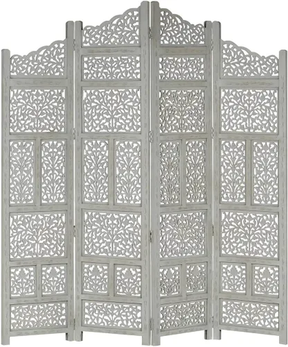 Vista 3 de Divisor de habitación de 4 paneles tallado a mano de madera de mango macizo, pantalla de privacidad de estilo clásico, pantalla de partición