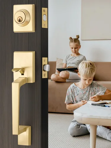 Vista 6 de EHOMEWARE Juego de manijas dobles para puerta delantera, paquete de 1 manija de puerta cuadrada de latón satinado, combinación de perilla de puerta