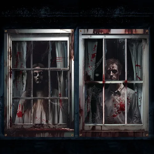 Vista 13 de Newwiee - 2 cortinas de Halloween aterradoras con silueta para ventana, decoración, póster temático para interiores y exteriores, fiestas, paredes