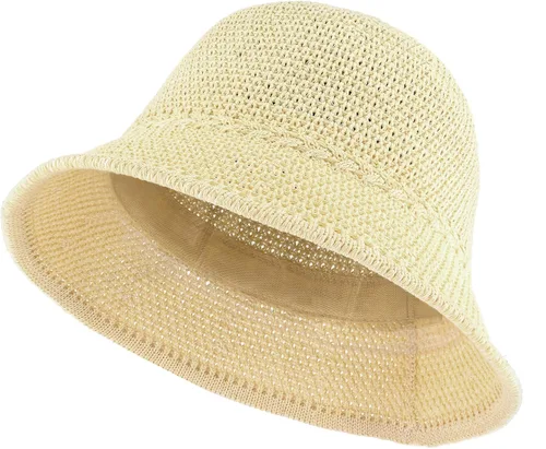 Vista 7 de Sombrero de pescador de ganchillo para mujer, sombrero ligero de paja Caqui