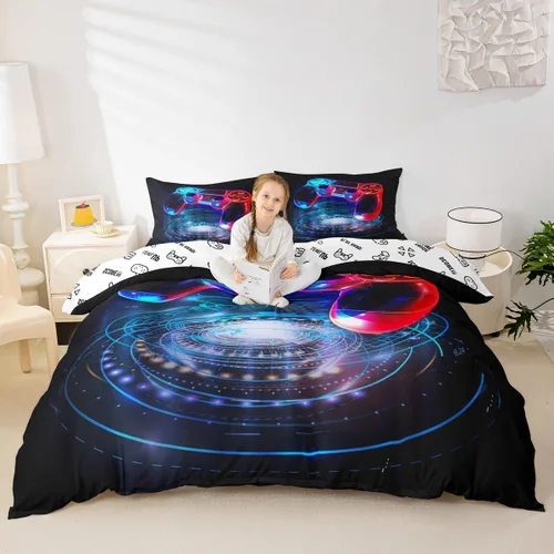 Vista 31 de Juego de funda de edredón con diseño de videojuegos para niños, tamaño individual, negro y azul a cuadros, juego de ropa de cama moderna