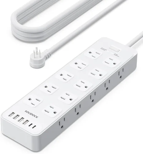 Vista 10 de Regleta de alimentación con enchufe plano, protector contra sobretensiones con 20 tomas de corriente AC y 6 puertos USB, 1875 W/15 A, 2700 julios