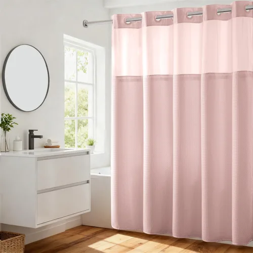 Vista 38 de Cortina de baño River Dream de gran peso sin ganchos necesarios con diseño de gofre punteado y forro a presión - 36W x 74H, de calidad hotelera