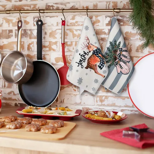 Vista 2 de Sratte 6 piezas de toallas de cocina navideñas, toallas de mano de muñecos de nieve de invierno, toallas absorbentes de árbol de Navidad y renos