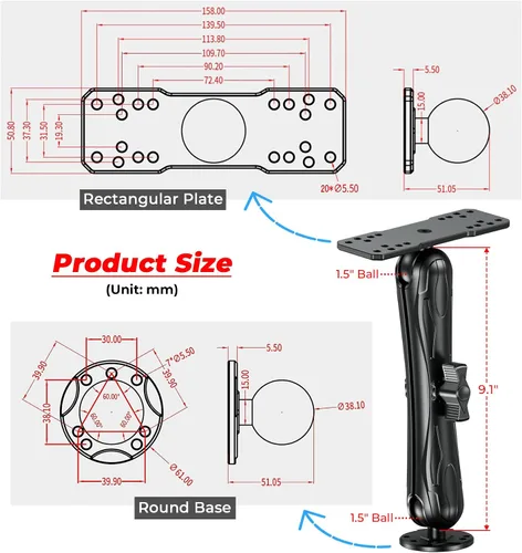 Vista 7 de VAZESWIN - Soporte de búsqueda de peces de aleación de aluminio de 1.5 pulgadas con brazo largo de 9.1 pulgadas with AMPS Hole Rectangular Plate