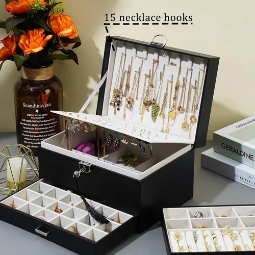 Vista 4 de BOOVO Joyero de aretes para mujer y niña, organizador de aretes de 5 capas, caja organizadora de joyas con cerradura para aretes, organizador