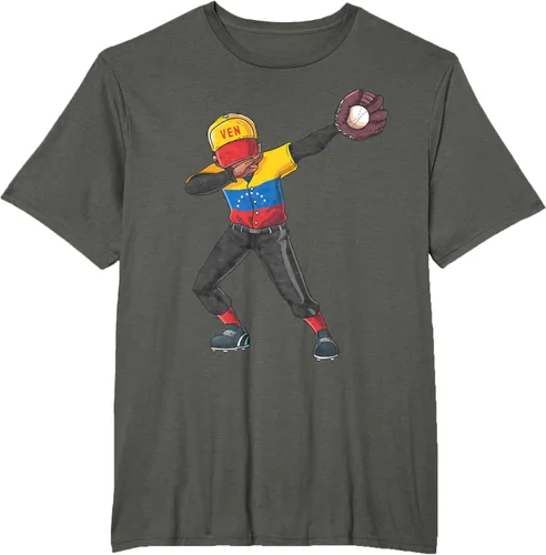 Vista 7 de Baseball Dabbing Venezuela Player Catcher Pitcher Hombres Niños Camiseta, Negro