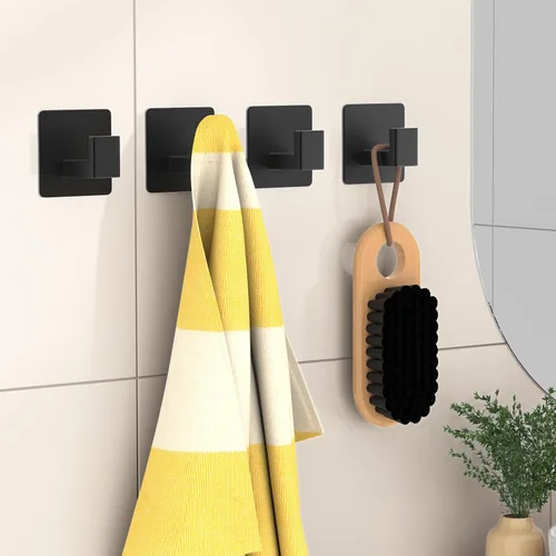 Vista 3 de PMMASTO Ganchos adhesivos para toallas, paquete de 2 ganchos de pared de aluminio, gancho de ducha para baño, dormitorio y cocina, color negro