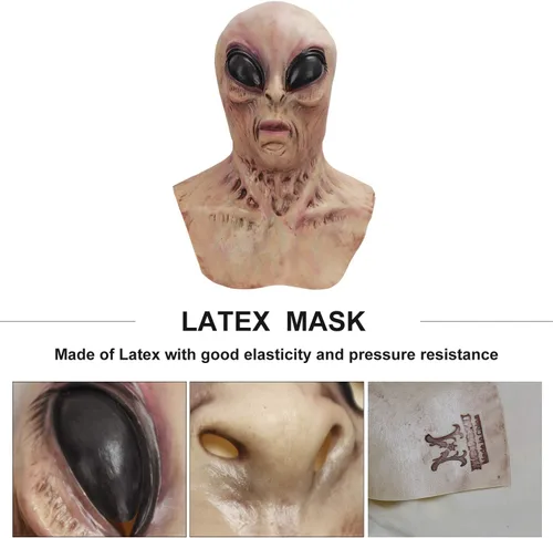 Vista 6 de Halford Máscara de alienígena OVNI, máscara de látex realista de Halloween para adultos, para viajes espaciales, máscara de cabeza de ojos morados