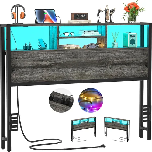 Vista 13 de Cabecero Aheaplus para Cama Individual con Almacenamiento, Cabeceros con Enchufes, Puertos USB y Luz LED, Cabecero Individual Solo, Altura