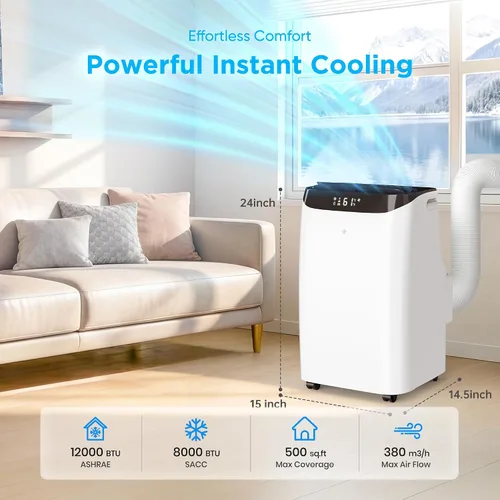 Vista 5 de Aire acondicionado portátil de 12,000 BTU que enfría hasta 500 pies cuadrados, unidad de CA portátil 3 en 1 de eficiencia energética con control
