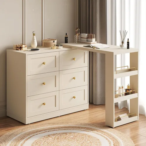 Vista 2 de RoyalCraft Combo de escritorio extensible y tocador, mesa de maquillaje de 67 pulgadas con cajones y 3 estantes laterales, tocador de madera