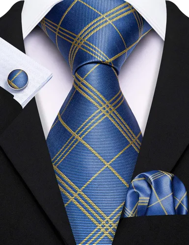 Vista 232 de Barry.Wang Juego de corbatas para hombre, corbata de seda a rayas, tejido a cuadros, gemelos formales, negocios, boda