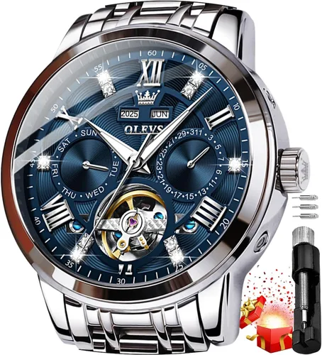 Vista 37 de OLEVS Relojes automáticos para hombre, oro de lujo, vestido de diamantes de cuerda automática, esqueleto mecánico, Tourbillon, reloj de pulsera