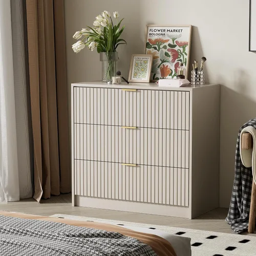 Vista 5 de Furniway - Cómoda color beige para habitación, moderna, 3 cajones y deslizadores suaves, cómoda ancha con jaladeras doradas para sala o armario