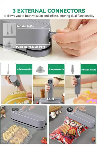 Vista 4 de Mini sellador al vacío, 3 en 1, sellador al vacío de mano inalámbrico para almacenamiento de alimentos secos/húmedos con 4 bolsas de aperitivos, Gris