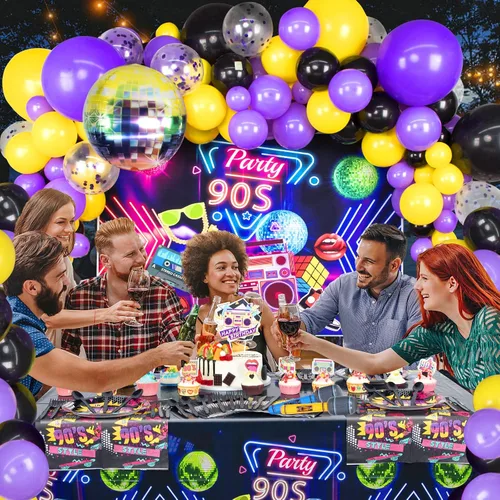 Vista 8 de HJINGY Decoraciones de fiesta de los años 90, el paquete de fiesta temática de los años 80 y 90 incluye gitar-inflable y teléfono móvil, pancarta