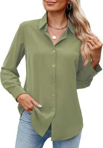 Vista 12 de Camisa de manga larga con botones para mujer, ultra suave, elástica, sin arrugas, para trabajo, casual, negocios, oficina