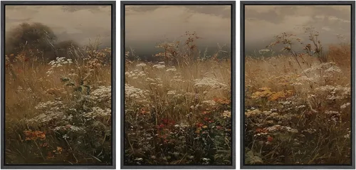 Vista 138 de SIGNWIN Lienzo enmarcado para pared, juego de arte de campos pastorales, flores silvestres, campo rústico, paisaje, floral, ilustraciones modernas