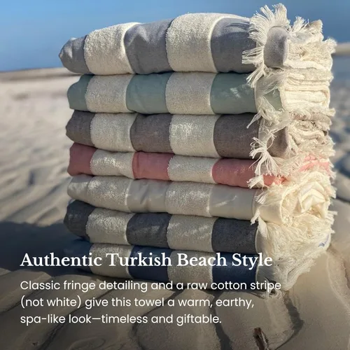 Vista 7 de Toalla de playa turca ligera, 100% algodón BCI, flecos crudos sin blanquear, certificado Oeko-TEX, absorbente, respetuosa con el medio ambiente, 36