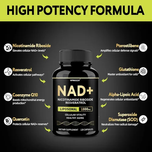 Vista 4 de Suplemento NAD de 1800 mg - NAD+ licotinamida ribósido NR con resveratrol para mujeres y hombres - Aumenta los niveles de NAD Plus, avanzado, salud