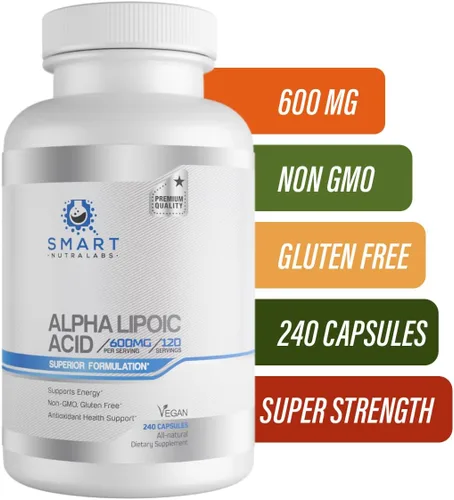 Vista 6 de Ácido alfa lipoico de 600 mg por porción, 240 cápsulas veganas, sin gluten, ALA puro sin OMG, apoya la energía y el antioxidante