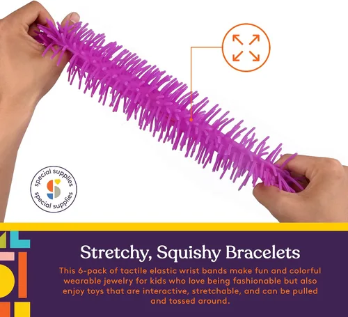 Vista 3 de Special Supplies Pulseras de banda esponjosas para niños, paquete de 6, juguetes sensoriales flexibles y elásticos, silicona táctil al tacto