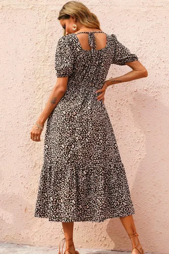 Vista 4 de PRETTYGARDEN Vestido bohemio para mujer, con lazo en la espalda, cuello cuadrado, manga abombada, dobladillo con volantes, maxi vestidos de verano