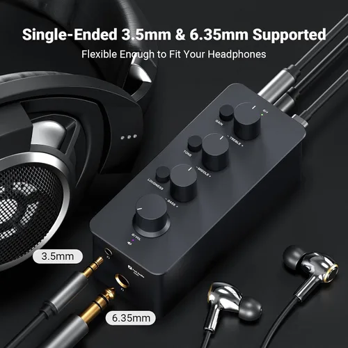 Vista 6 de Fosi Audio SK01 Amplificador para Auriculares Ecualizador Preamplificador con Control de Tono de Graves, Medios y Agudos y Compensación de Sonoridad