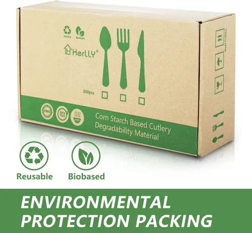 Vista 3 de Tenedores compostables, 300 tenedores desechables para fiestas, grandes tenedores biodegradables respetuosos con el medio ambiente, duraderos