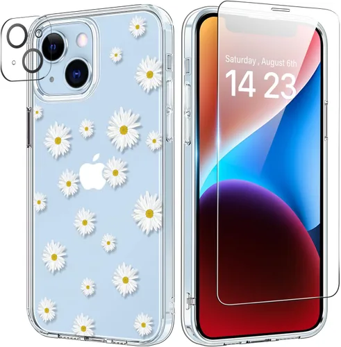 Vista 31 de bicol Funda para iPhone 14 Plus con Protector de Pantalla y Lente de Cámara - Diseños Florales de Moda para Mujeres y Niñas - Funda Transparente