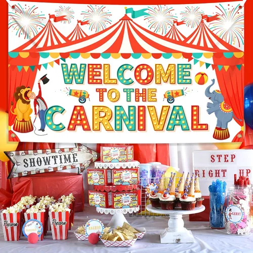 Vista 6 de Cartel de bienvenida al carnaval extragrande con globo de carnaval - 72 x 44 pulgadas Decoraciones de carnaval, decoraciones de fiesta temática