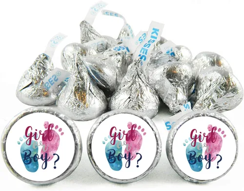 Vista 3 de 180 etiquetas adhesivas de gotas de chocolate, etiquetas de besos para revelación de género, para baby shower, niña o niño, etiquetas de recuerdo