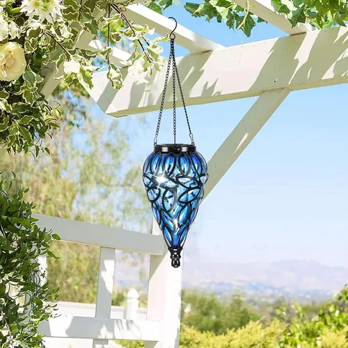 Vista 2 de Farol colgante solar para exteriores, 15 luces LED en forma de lágrima, luces colgantes blancas frías con ganchos en S decoración en jardín, patio
