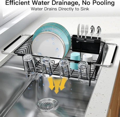Vista 6 de JASIWAY - Escurridor de platos para fregadero, colador de acero inoxidable con asas de goma extensibles para verduras, frutas, artículos esenciales