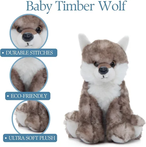Vista 7 de The Petting Zoo Peluche de lobo de madera, regalos para niños, animales salvajes de Onez Babiez, juguete de peluche de lobo de 6 pulgadas