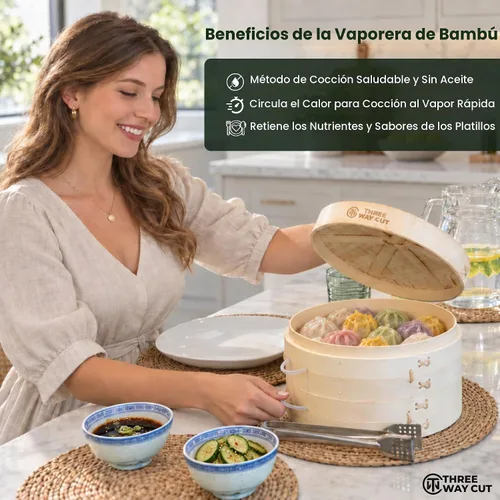 Vista 2 de Cesta para cocinar al vapor de bambú de 25 cm, 2 niveles, con mango, adaptador de anillo, forro de silicona reutilizable, kit para cocinar