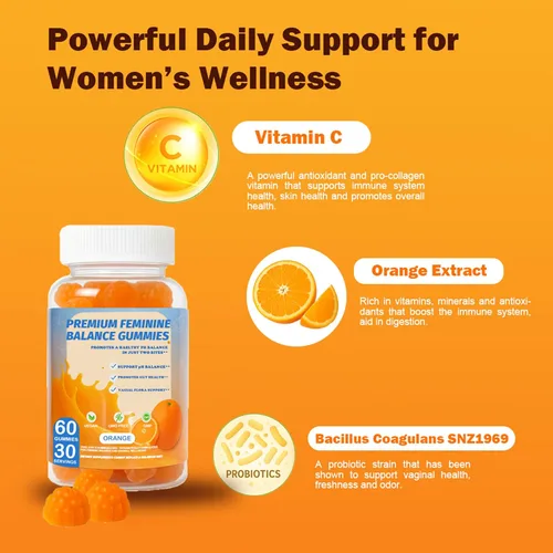 Vista 4 de DEWANG Gomitas de equilibrio femenino, equilibrio diario del pH y apoyo a la salud vaginal, probióticos para mujeres, olor y confianza, sabor a