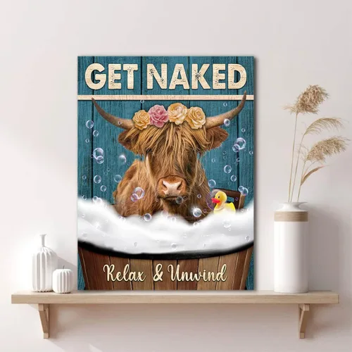 Vista 5 de Divertido arte de pared de vaca de las tierras altas en la bañera, lienzo con imagen de vaca en el baño, impresiones de animales para baño