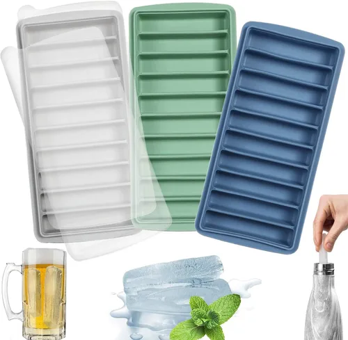 Vista 8 de LessMo 2 bandejas para cubitos de hielo, bandeja larga para palitos de hielo de silicona con tapa, palo estrecho rectangular, reutilizable, Azul