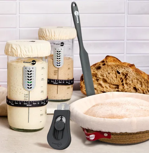 Vista 9 de Kit de Inicio de Masa Madre KneadAce – Tarro de Inicio de 24oz, 2 Cestas de Prueba Banneton de Cuerda de Algodón, Lama Magnética para Cortar