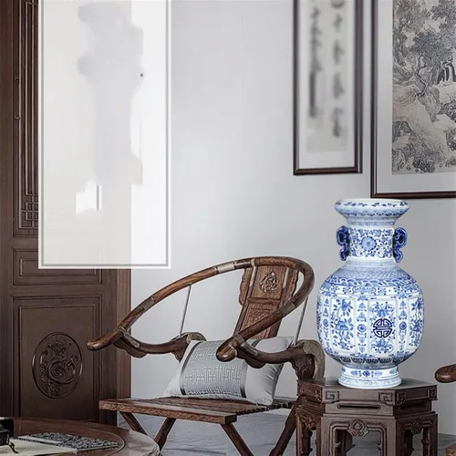 Vista 5 de Florero de escultura florero de cerámica chino retro pintado a mano azul y blanco, florero de porcelana grande de 16.5 pulgadas para decoración