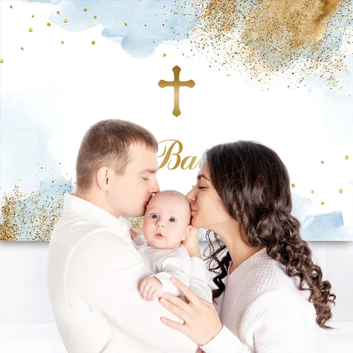 Vista 2 de Sendy Telón de fondo de 7 x 5 pies, decoración de fiesta de bautismo mexicano, Dios bendiga al niño, primera comunión, nubes de acuarela azul, fondo