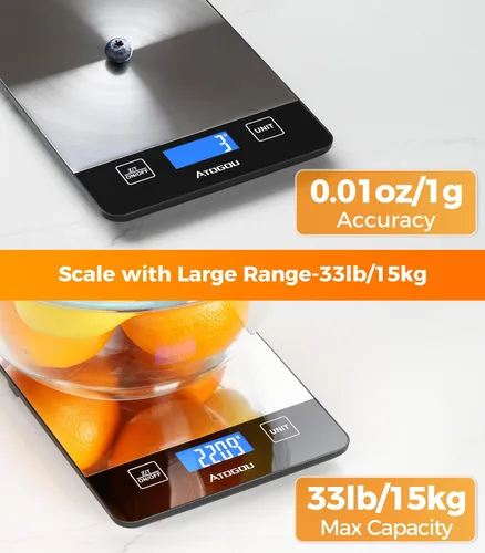 Vista 3 de Atogou Báscula de alimentos – Báscula digital de cocina de 33 libras, pantalla recargable y de visión completa, resistente al agua, carga de Negro
